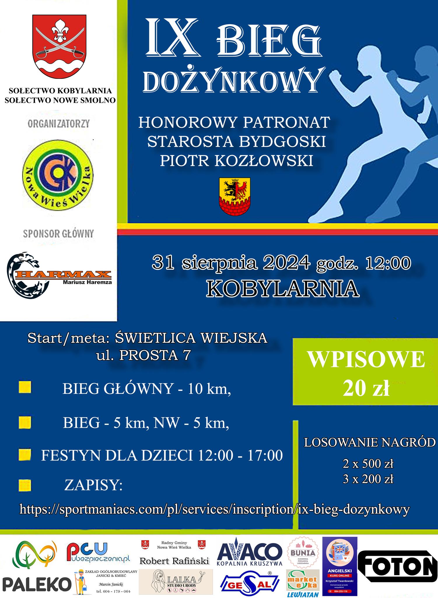 IX Bieg Dożynkowy 31 sierpnia 2024 KOBYLARNIA ul. Prosta 7 Świetlica wiejska w Kobylarni. Bieg główny 10 km, bieg 5 km oraz Nordic Walking 5 km